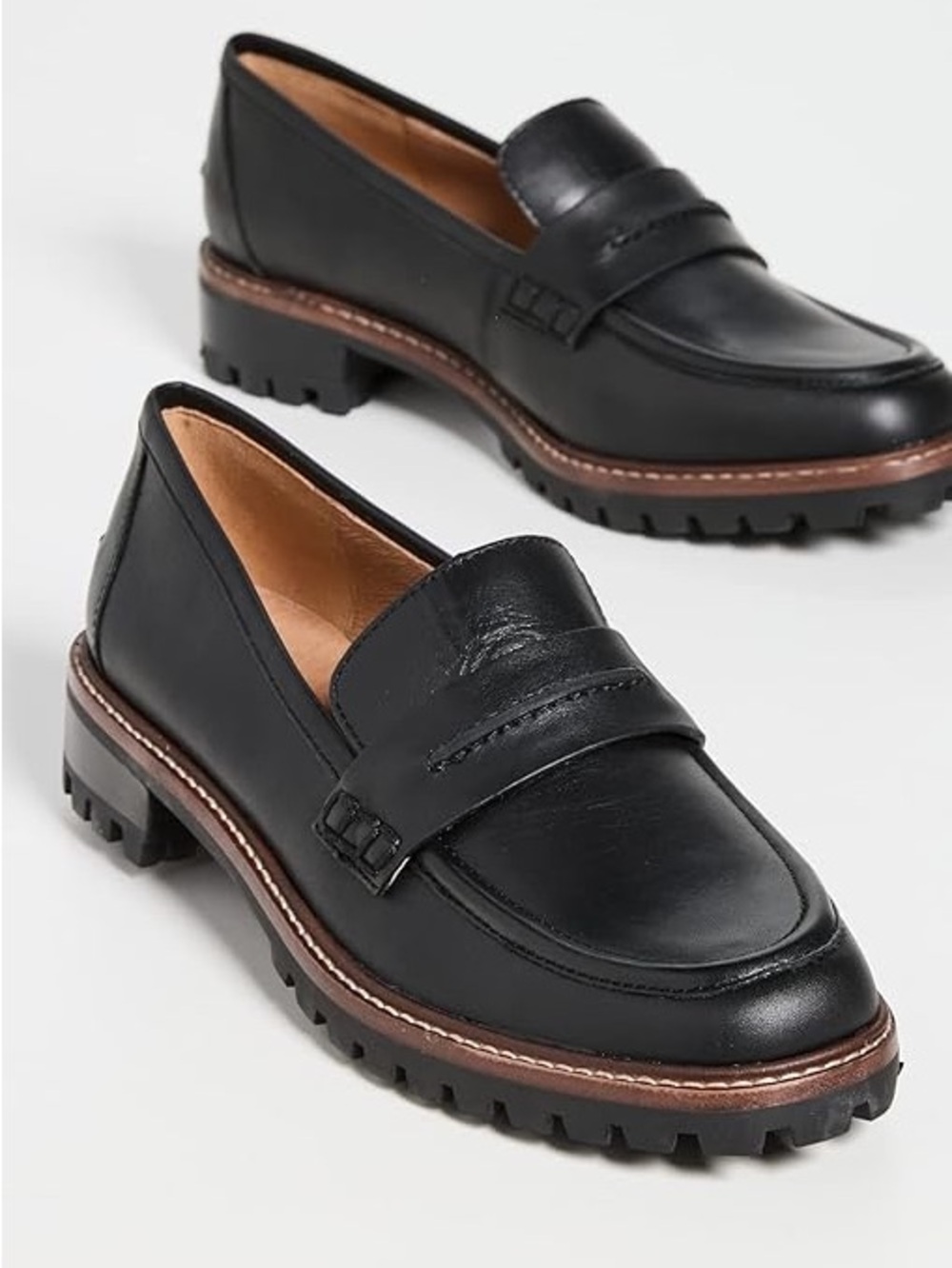 Madewell Women’s Black Leather Penny Loafers with Brown Welt Slip on Flats - Picture 6 of 6